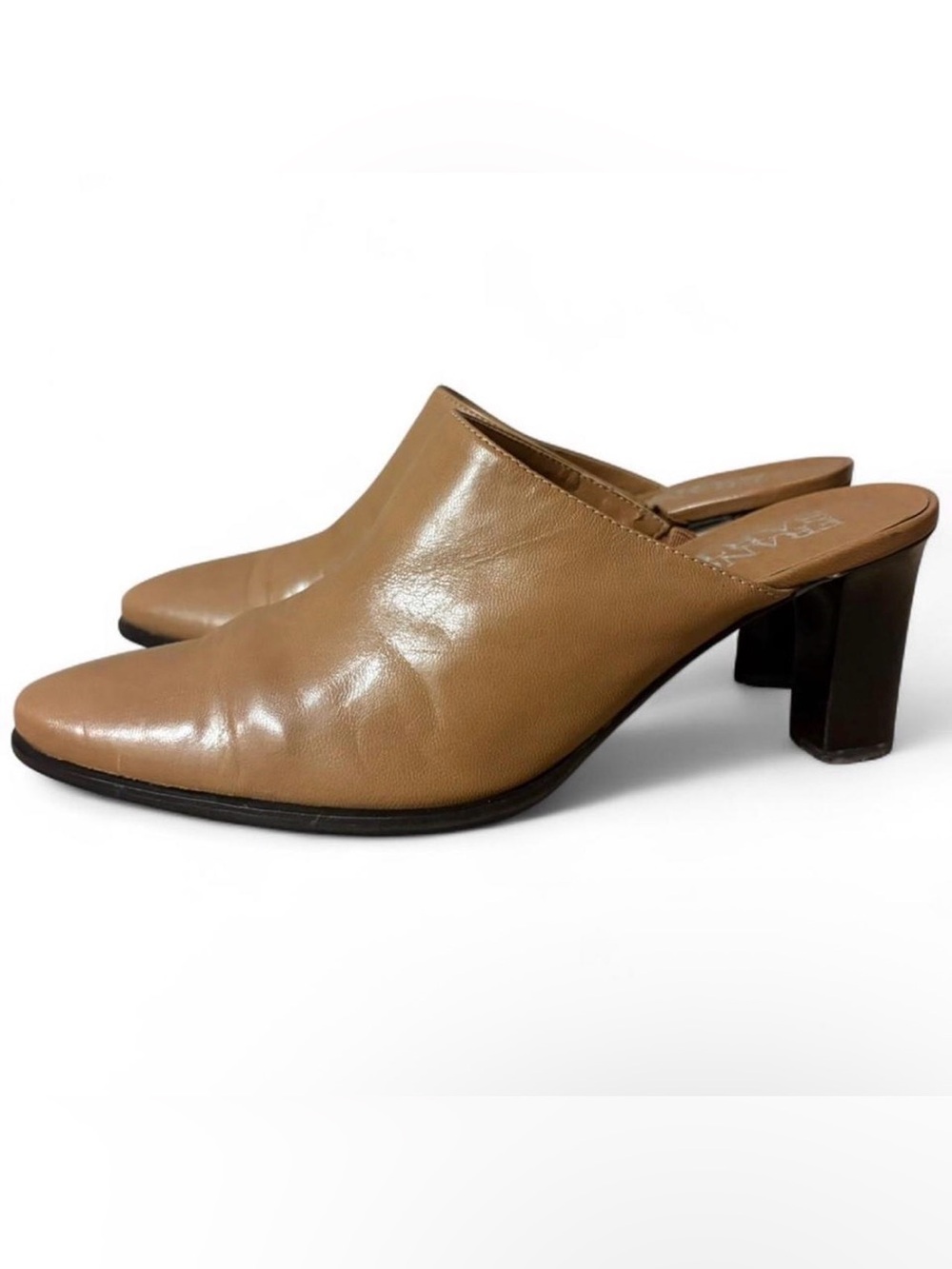 Franco Sarto Tan Leather Block Heel Slip On Mules Size 7.5
